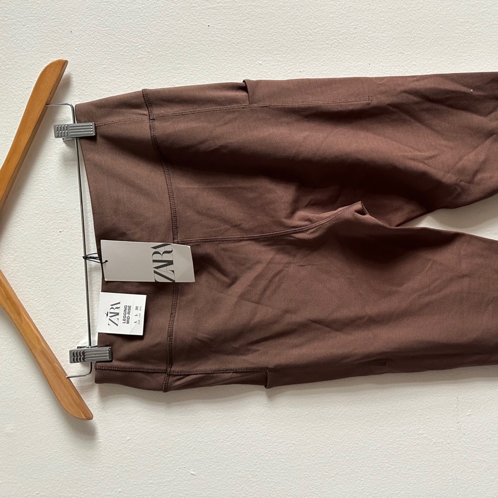 ZARA Chocolate Mid-Rise Leggings H&M SIZE LARGE 8 10 Basics Everyday Fitted Seam - Picture 5 of 6